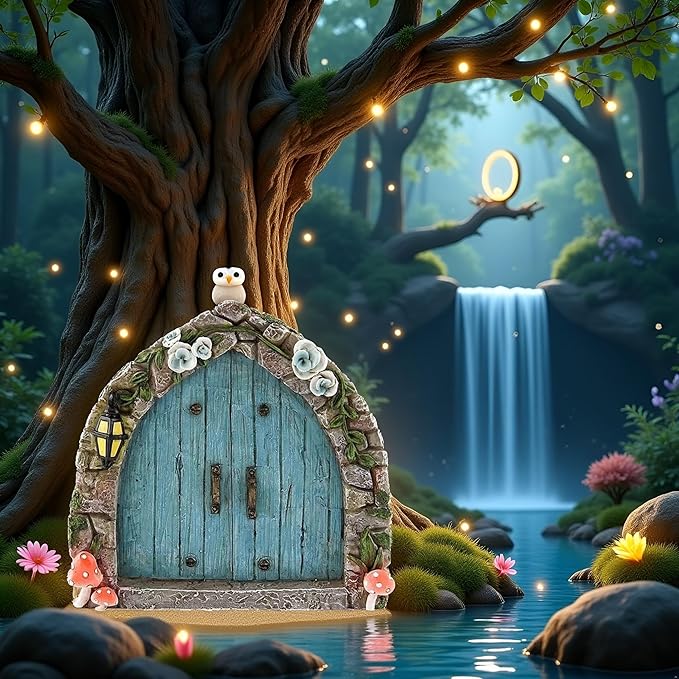 Blue Mini Fairy Garden Door for Tree, 3D Miniature Fairy Door for Fairytale Tiny House Doors, Bonsai Terrarium Micro Landscape Decoration Accessories Garden Miniatures