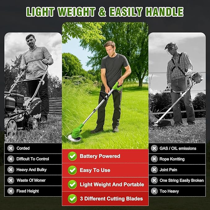 Electric Weed Wacker Cordless stringless,Grass Trimmer,with 2 Batteries, 1 Charger, 3 Types Blades, Weed Wacker Eater Battery Powered Lightweight Battery Weed Trimmer for Yard and Garden