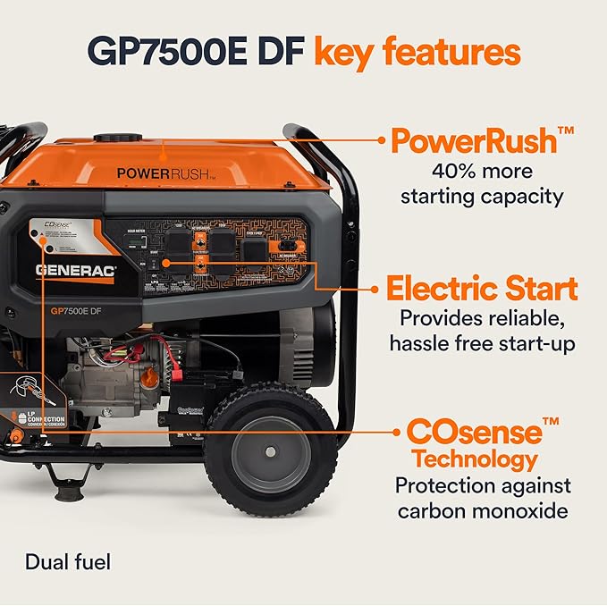 Generac 9,400 Starting Watt Dual Fuel Portable Generator - Electric Start - Gas or Propane Powered - Home Backup or Jobsite - Quiet, Long Runtime, Emergency Power - 49-State Compliant