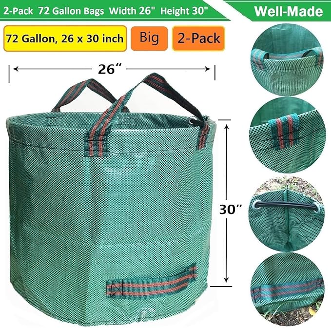 Professional 2-Pack 72 Gallon Large Yard Garden Bags (D26, H30 in) with Gardening Gloves for Yard Waste,Leaf Bag,Lawn Debris Bag,Camping Trash Container,Recycle Bin,Grass Clippings,Weed Bags 4 Handles