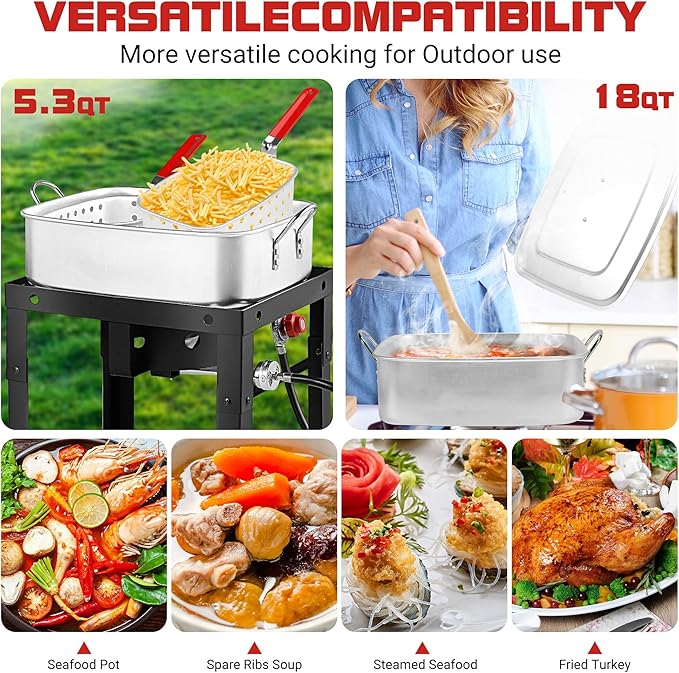 OT1808-LID-Propane Deep Fryer with 18Qt Square Deep Fryer Pot – High Grade Strainer Basket Aluminum Pot for Fish Fry, Seafood Pot – Propane Burners for Outdoor Cooking Include Lid