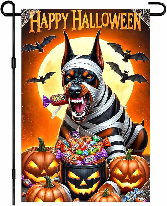 Happy Halloween Garden Flag 12x18 Inch Doberman Mummy Dog Decorative Yard Flag Double Sided Halloween Outdoor Decor Trick or Treat Candy Banner