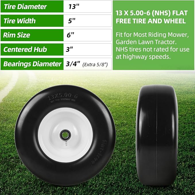 AR-PRO (2 Pack) 13 x 5.00-6" Flat Free Tire and Wheel, Replacement Solid Lawn Mower Tires with Rim, 3" Centered Hub and 3/4" Extra 5/8" Bearings - Fit for Most Riding Mower, Garden Lawn Tractor