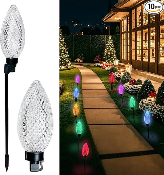 AWQ 10 LED 24.6FT Christmas Pathway Lights, Multi & Warm Color Pinecone Marker Lights with 10 Steel Stake & 11 Modes, Connectable Ground Light for Lawn, Patio, Walkway, Sidewalk (10)