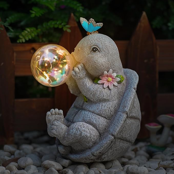 MININOVA Outdoor Garden Decorations Turtle Statues with Solar Light Resin Waterproof Figurines for Outside Yard Patio Mon Birthday Thanksgiving Day