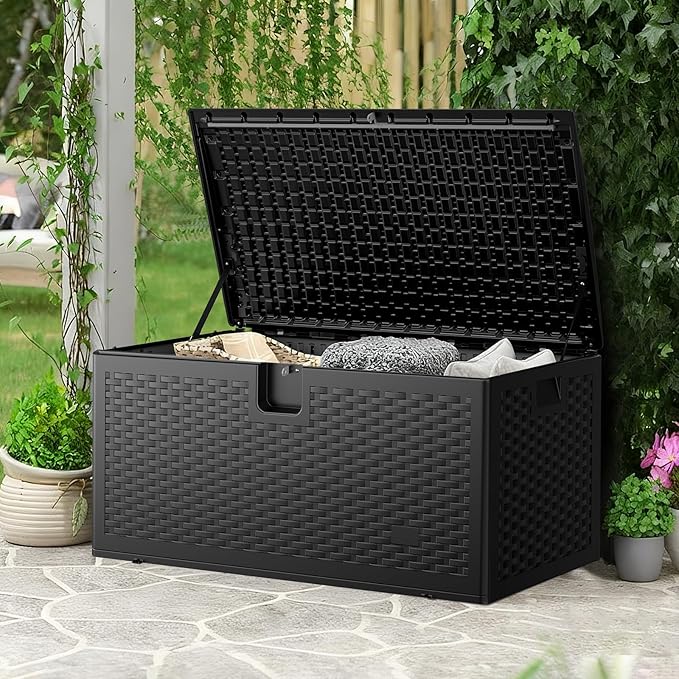 JEKO&JEKO 75 Gallon Outdoor Storage Box – Large Plastic Deck Box with Lockable Lid for Patio Furniture, Garden Supplies, and Shoes, Black