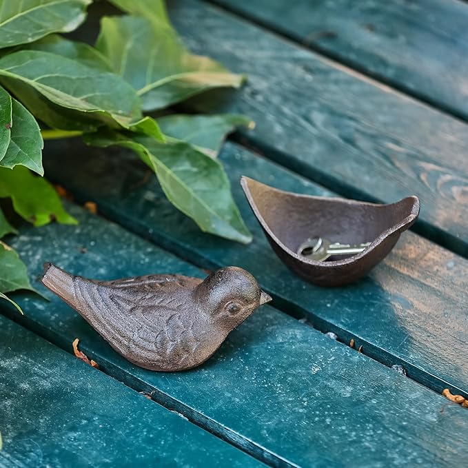 Cast Iron Bird Key Hider, Bird Statue and Keys Hiders Outside, Decorative Outdoor Hidden Keys Holder, Animal Shaped Hide a Key for Indoor Garden Yard Patio Decor, Brown