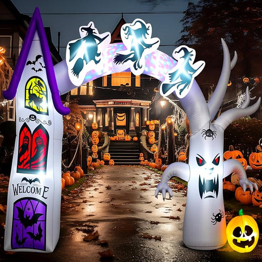Capoda 14 FT Inflatable Halloween Archway - Castle Witch Dead Tree Blow Up Arch, Build-in Colorful LED Lights for Entryway Garden Yard Lawn Halloween Inflatables Outdoor Decorations