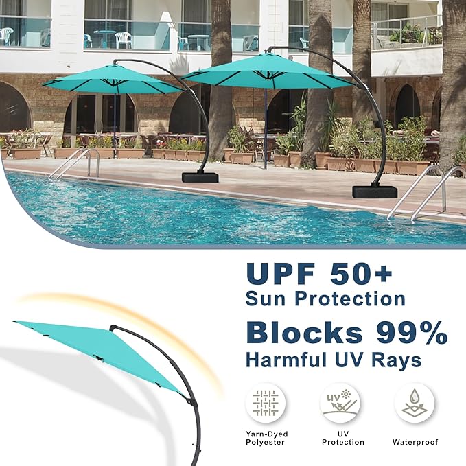 11FT Cantilever Umbrella with Base Large Curvy Outdoor Aluminum Offset Umbrella w/ 360° Rotation, UV Resistant Canopy for Patio, Garden, Backyard, Aqua Blue