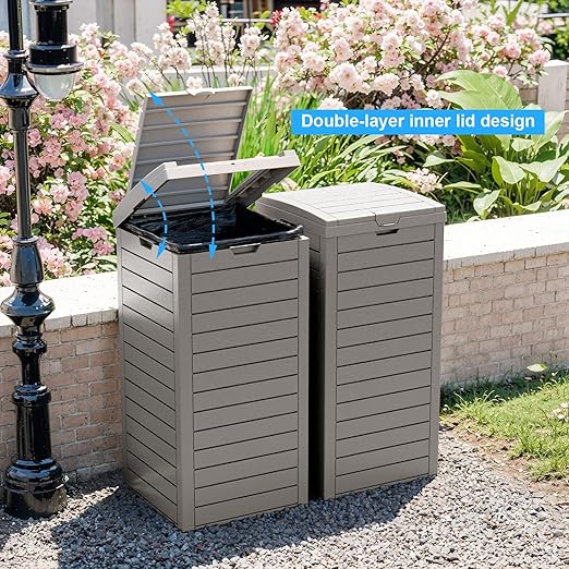 Outdoor Trash Can with Lid, Outdoor Trash Bin & Pull-Out Liquid Drawer, Dual Lid Closure Design, Waterproof Resin Garbage Can Container for Patio, Backyard, Deck (Grey, 31 Gallon)