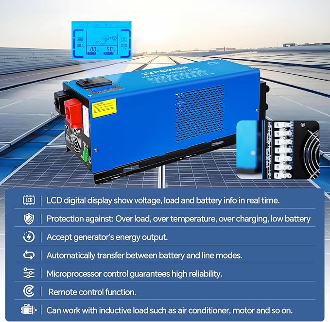 ZLPOWER 4000W 24V DC Pure Sine Wave Inverter, 12000W Peak, 120V/240V AC Split Phase Output with Battery Charger, LCD Display, Off-Grid Low Frequency Inverter for Home RV Camping (4000W)