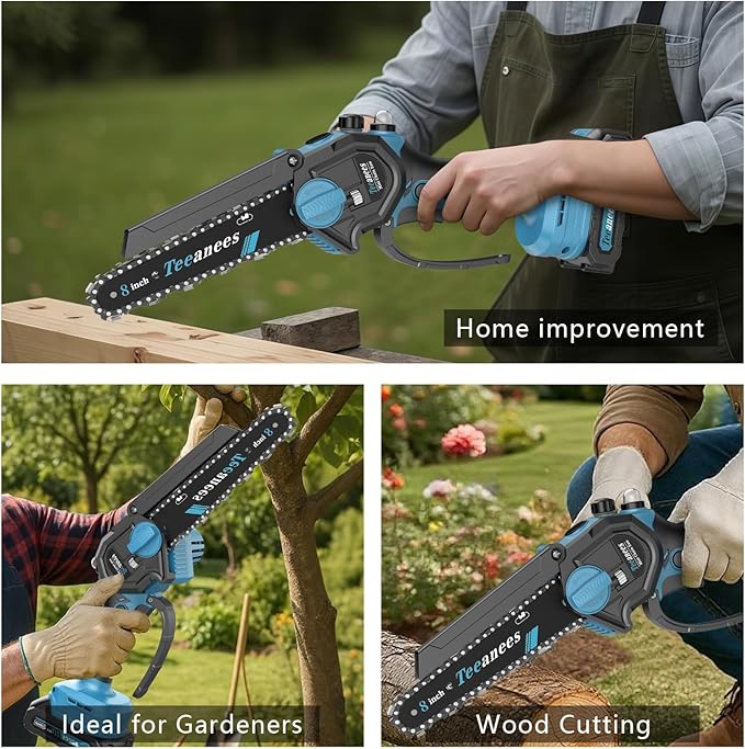 Mini Chainsaw Cordless, 8 Inch & 6 Inch Portable Electric Chain Saw with 2 Battery 8 Chains, Auto Oiler, Battery Powered Small Handheld Saw for Wood Cutting, Tree Trimming, Garden(Blue)