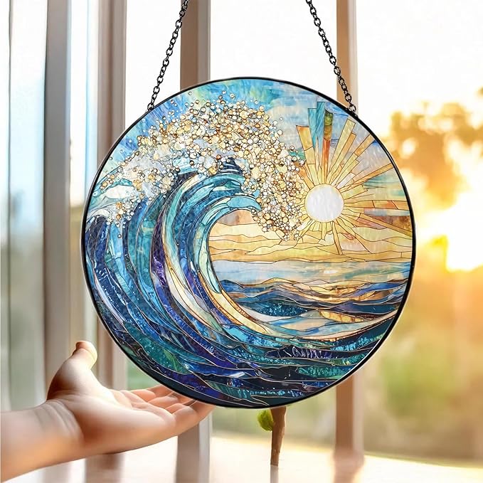The Ocean Waves and The Sunrise Suncatcher -7.9 in Stained Glass Window Hanging Sun Catcher Garden Decor