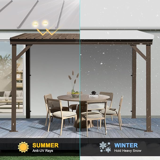 Domi 8’x10’ Lean-to Gazebo, Hardtop Wall-Mounted Gazebo Pergola with Sloping Galvanized Steel Roof and Upgraded Drainage System, Outdoor Permanent Metal Shelters for Patio Backyard Deck, Brown