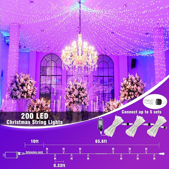 Vivideal 200 LED Halloween Lights Outdoor Waterproof 66ft Purple String Lights Clear Wire with 8 Modes Plug in Purple Christmas Light for Tree Party Halloween Decorations