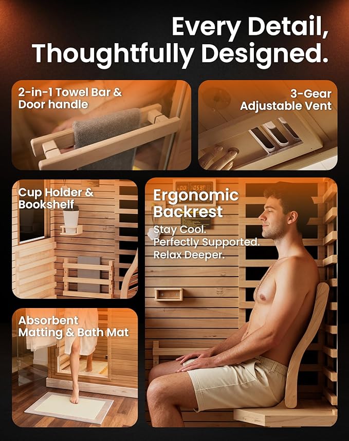 PAETA Infrared Sauna for Home | 1-Person Dry Sauna with 5 Carbon Heaters | Fast & Even Heating Low EMF Sauna | Bluetooth & Chromotherapy| Canadian Hemlock(Wooden)