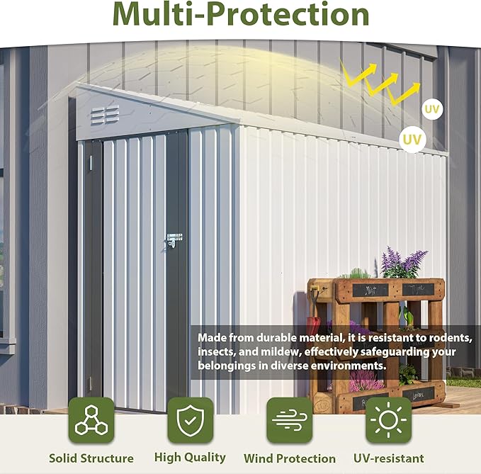 4×8 FT Outdoor Metal Storage Shed,Heavy-Duty Lean to Storage Shed with Lockable Door and Reinforced Beams,All Weather Waterproof Storage House W/2 Air Vents,for Backyard,Patio,Lawn,White