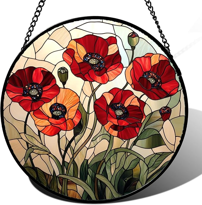Stained Glass Window Hanging - Red Wildflowers Suncatcher for Door Garden Yard Flowers Sun Catchers Decor Christmas Mother's Day Birthday Gifts for Women Mom Nana Friend Men 7.8 in