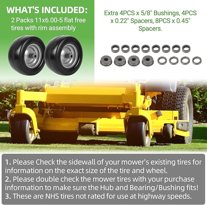AR-PRO (2-Pack) 11x6.00-5 Flat Free Tire and Wheel - Universal 11x6-5 Solid Rubbe Riding Lawn Mower Tire with Rim - With 5.9"-8.1" Centered Hub and 3/4" Bushings - Fit Most Zero Turn Mowers