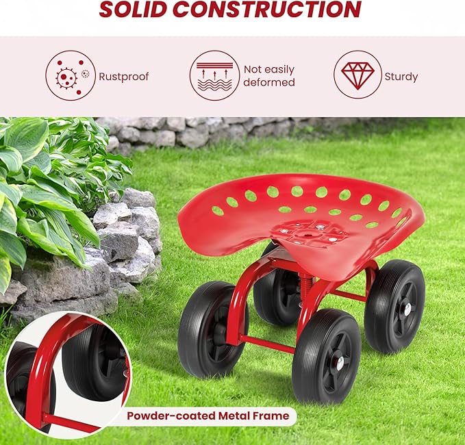 LDAILY Garden Seat with Wheels, Heavy-Duty Utility Stool Cart with Adjustable 11"-16" Height & 360° Rotatable, Rolling Garden Cart with Seat for Lawn Planting, Yard Work, Patio Gardening (Red)