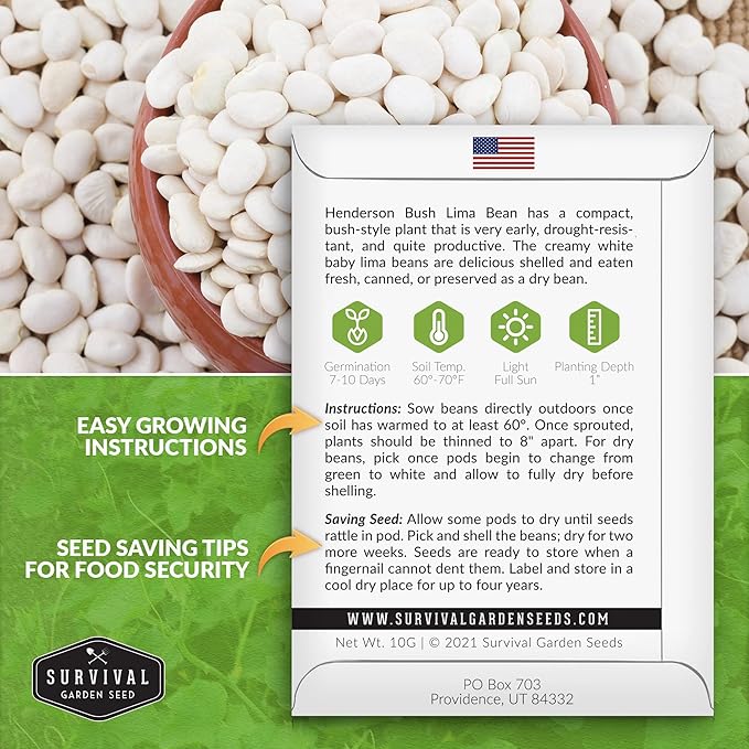 Survival Garden Seeds - Henderson Lima Bean Seed for Planting - 2 Packs with Instructions to Plant & Grow Tender White Butter Beans in Your Home Vegetable Garden - Non-GMO Heirloom Variety Plant Seed