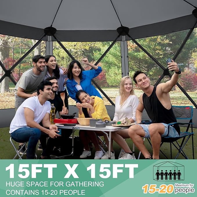 COBIZI 15x15ft Extra Large Pop-Up Gazebo Canopy Tent with Mosquito Netting, Spacious Easy Set-Up Screened Shelter, Durable Outdoor Pavilion with Ground Stakes, Perfect for Patio, Backyard,Gray