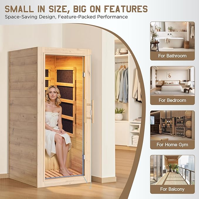 Albott Infrared Sauna 1 Person, Infrared Saunas for Home, 746W/110V Spruce Wood Dry Sauna with Foot Warmer, Easy Assembly – Compact Indoor Spa, 149℉ Fast Heating, LED Light, 27.2"x31.8"x60.2"