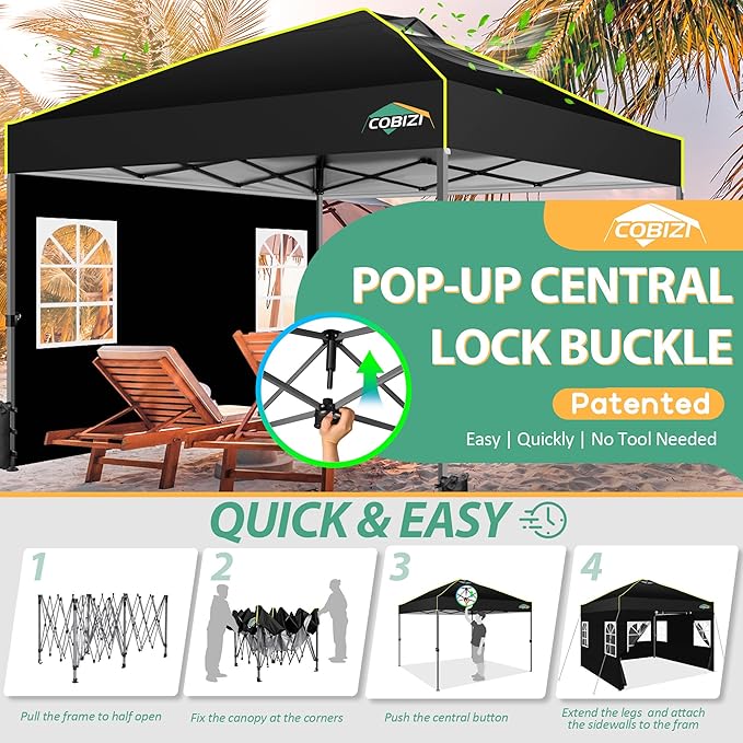 COBIZI 10x10 Pop up Canopy Tent with Sidewalls,One Person Setup, Waterproof,3 Adjustable Height,Outdoor Commercial Gazebo with Air Vent, Reflective Strip,4 Sandbags for Garden,Party, Beach,(Black)