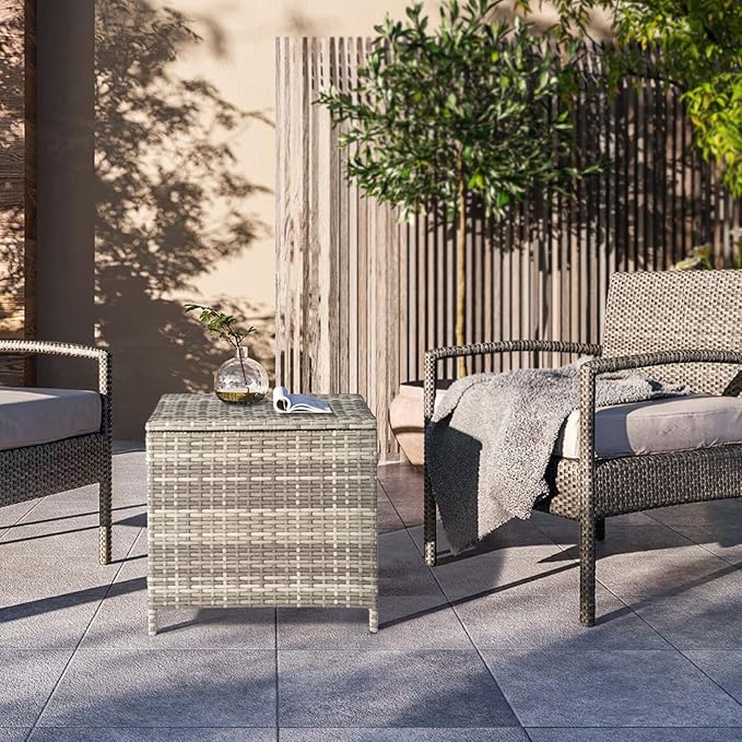 Outvita Outdoor Side Table, Rattan Coffee Table with Storage 27 Gallon Patio Small Deck Storage Box for Cushion Towel Books, Brown Side Table with lid