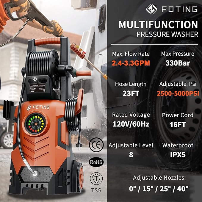 2025Upgraded Pressure Washer 5000PSI with Adjustable Touch Screen 8 Level, 34" Tall, 4 Quick Connect Nozzles,Inlet Hose&Filter&500mlFoam Cannon for Cars/Fences/Driveways/Home Cleaning,Red
