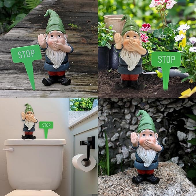 Funny Stop Garden Gnome - 6.2 Inch Resin Statue with Stop Sign, Humorous Outdoor Decor for Yard, Garden, Patio, Dog Poop Area & Trash Can Guardian