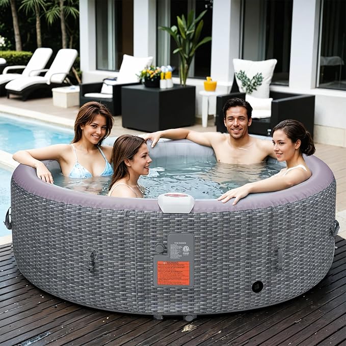 82" Inflatable Hot Tub for 4-6 People, Portable Outdoor Spa with 130 Soothing Bubble Jets, Smart Control Panel, with Insulated Cover, 6 Filters, PE Floor Mat, 110-120V Input (Round)