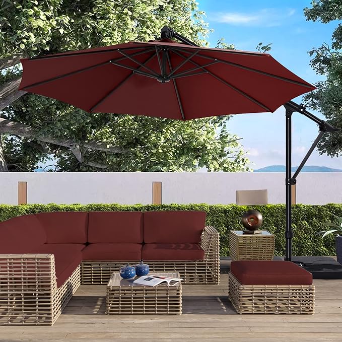 ABCCANOPY 10FT Cantilever Umbrella Offset Hanging Patio Umbrella with Base Stand Rotate and Tilt，Suitable for Garden, Lawn, Backyard(Burgundy)
