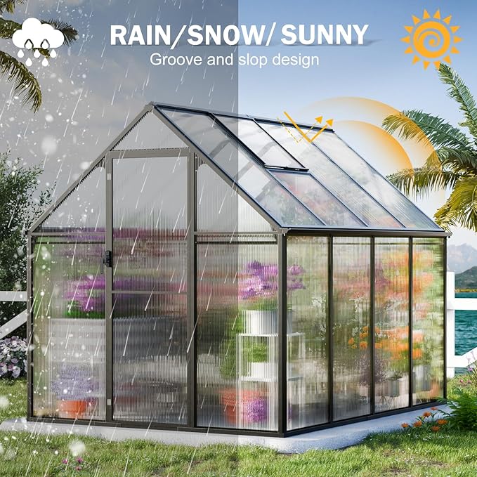 CDCASA 8.2x6.2 FT Greenhouse for Outdoors, Easy Assembly Aluminum Heavy Duty Polycarbonate Greenhouses w/Vent Window, Swing Door, Walk-in Green House for Sunroom Patio, Backyard, Garden,Black