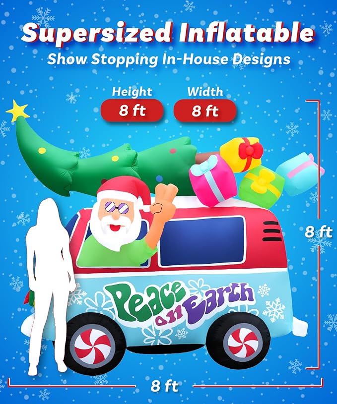 Holidayana Christmas Inflatables Large 8ft Tall Santa Hippie Van - Inflatable Outdoor Christmas Decorations Blow Up X-mas Decorations for Yard, Lawn & Garden Internal Lights & Built-in Fan