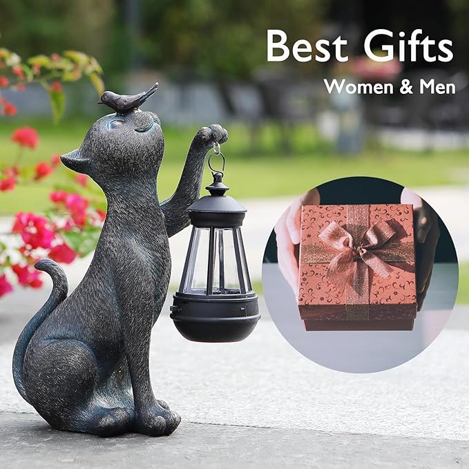 Outdoor Cat Statues Solar Garden Decor : Cat Figurine with Bird Decor,Unique Garden Art for Porch Patio Balcony Yard Lawn Ornaments - Birthday Housewarming Gifts for Grandma Mom Women