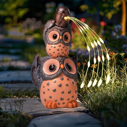 Solar Garden Statues Outdoor Decor, Watering Owl Statue Garden Decor, Resin Yard Decorations Outdoor for Patio, Porch, Balcony, Lawn Ornaments, House Warming Birthday Gifts for Mom Women Grandma
