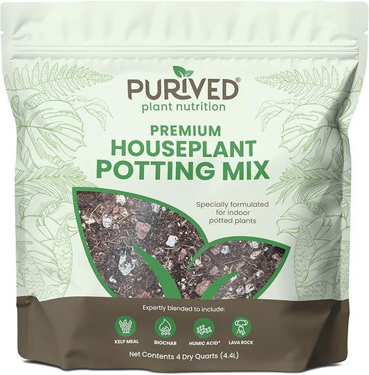 Purived Premium Houseplant Potting Mix | 4 Quarts | Ideal Soil Drainage & Moisture Retention for Indoor Potted Plants | with Kelp, Biochar, Lava Rock & Humic Acid | Made in USA