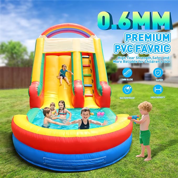 Inflatable Water Slide for Adults, 21FT 100% PVC Waterslide with Big Splash Pool, Widen Slide with Shallow Pool, 750W Air Blower, Ideal for Backyard, Park (Color Arc)