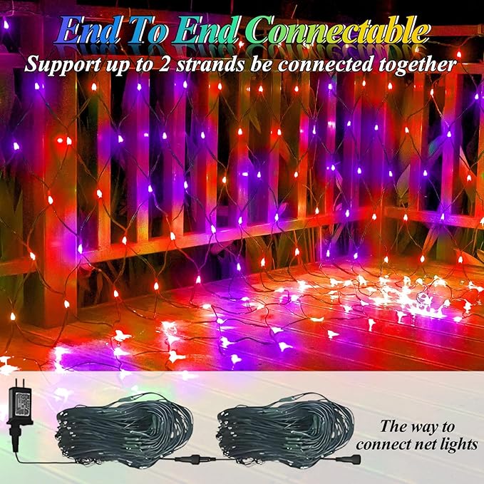 300LED Net Lights Halloween Decorations, 14.8ft x 5ft Outdoor Mesh Lights 8 Modes & Timer, Connectable Waterproof Christmas Light for Bushes Xmas Tree Party Garden Lawn, Purple Orange