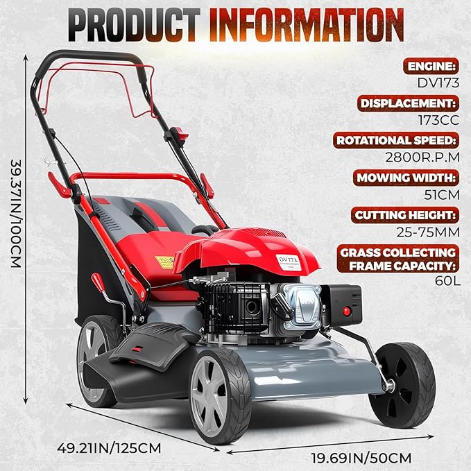 3 in 1 Gas Lawn Mower Self Propelled,173cc OHV Engine with Air Cooling, 20" Steel Deck,8-Level Height Adjustment, 60L Grass Catcher, Foldable Design for Yard Patio Lawn Red (US Fast Arrival