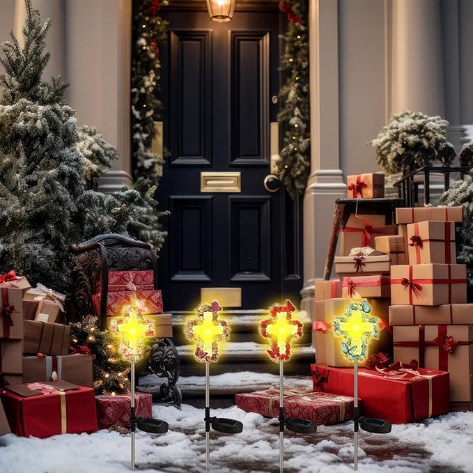 Retisee 4 Pack Halloween Decoration Flowers Cross Garden Stake Solar Lights Outdoors Cemetery Yard Decor Jesus Cross Sympathy Memorial Gift Waterproof for Garden Lawn Patio Pathway Decor