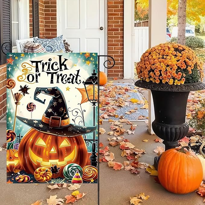 Halloween Garden Flag 12x18 Double-Sided Witch Hat Trick or Treat Pumpkin Garden Flag Yard Décor Holiday Seasonal Outdoor Banner Lawn Fall Decoration Yard Flag