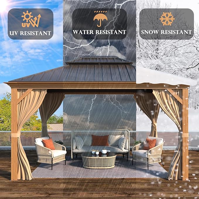 YOLENY 10'x12' Hardtop Gazebo, Wooden Finish Coated Aluminum Frame Canopy with Galvanized Steel Roof, Outdoor Metal Gazebos with Curtains and Nettings for Patio, Backyard, Deck and Lawns