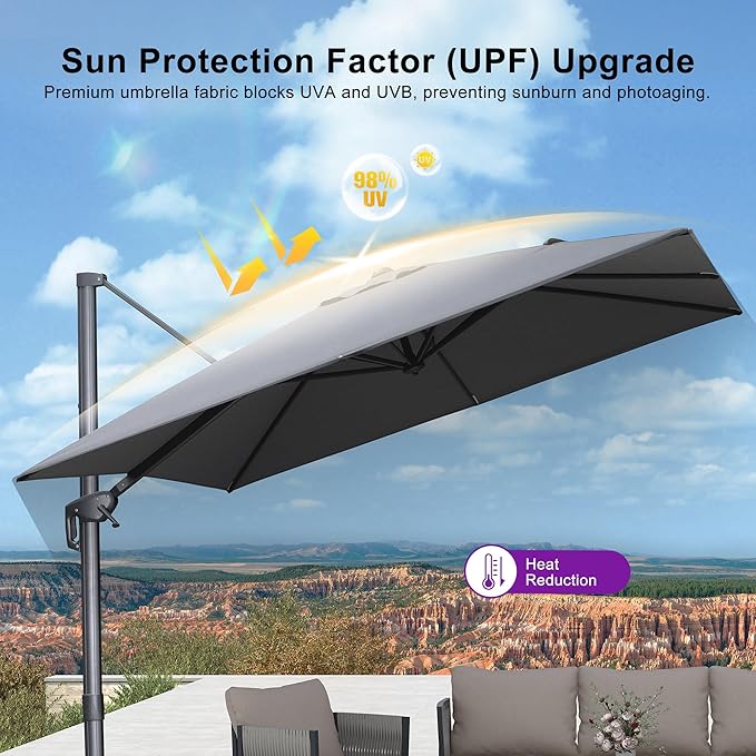 PURPLE LEAF 9 FT Cantilever Patio Umbrella Outdoor Aluminum Offset Square Umbrella with 3 Years Fade Resistance Recycled Fabric and 360-degree Rotation for Deck Pool Garden, Mist Grey