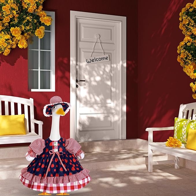 Lolita Goose Outfit Set for 23'' H Plastic Porch Cement Statue Cute Lolita Skirt Fall Spring Summer Goose Costume for Indoor Outdoor Yard Lawn Patio Art Decor(Strawberry)