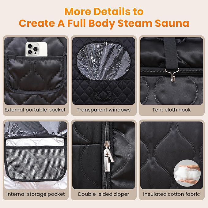 Portable Sauna for Home, Upgraded Personal Steam Sauna Box with 3L 1200W Steamer, Folding Chair, Extra Large Size Foldable Home Sauna 3’X 3’X 5.9’, Full Body Sauna Tent for Relaxation Spa, Black