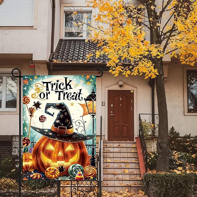 Halloween Garden Flag 12x18 Double-Sided Witch Hat Trick or Treat Pumpkin Garden Flag Yard Décor Holiday Seasonal Outdoor Banner Lawn Fall Decoration Yard Flag