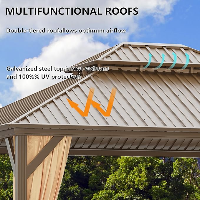 10x14 ft Hardtop Gazebo Outdoor Aluminum Patio Gazebo Double Roof Galvanized Steel Canopy with Netting and Curtains for Garden, Backyard, Deck and Lawns.