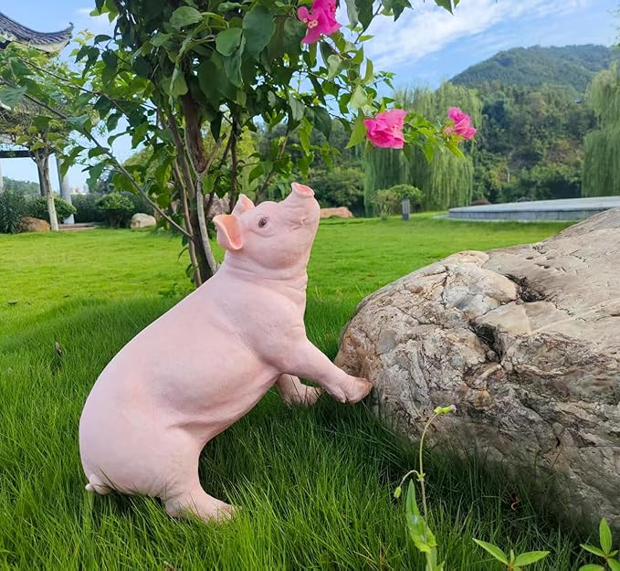 HOUDE Cute Pig Statues, 20.08 inches Long, decorates Outdoor Art Gardens, courtyards, lawns, and Indoor Public Spaces Such as Living Rooms and Balconies. (Pink)